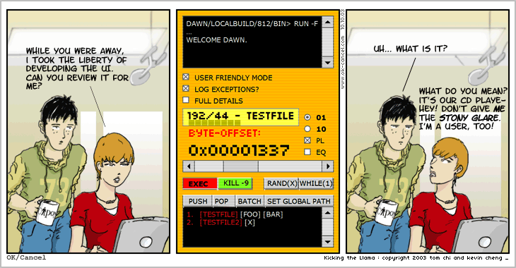 Ýkt dæmi um „forritaraútlit“. Mynd: http://okcancel.com/comic/4.html Ýkt dæmi um „forritaraútlit“.